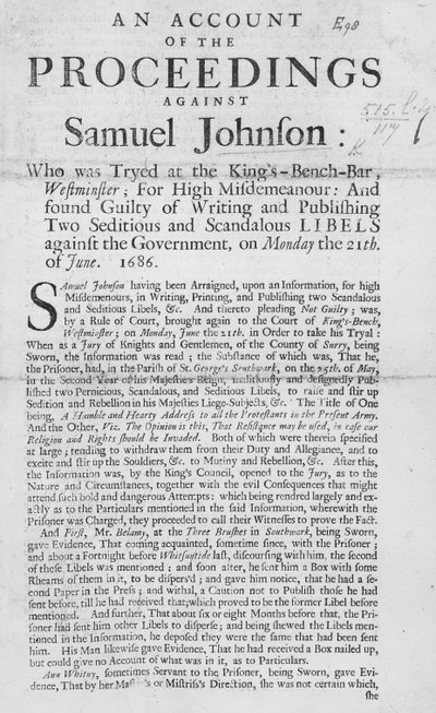 An Account of the Proceedings against Samuel Johnson, 1686 by English School